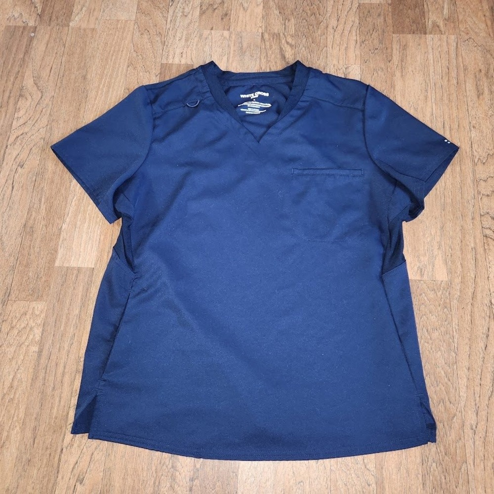 White Cross Vibe Navy Blue V-Neck Scrub Top Large Stretch Moisture Wicking 821